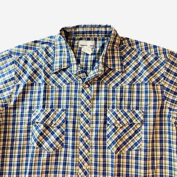 Wrangler Wrancher Pearl Snap Short Sleeve Blue Plaid Shirt Mens Size 2XT - Picture 9 of 11